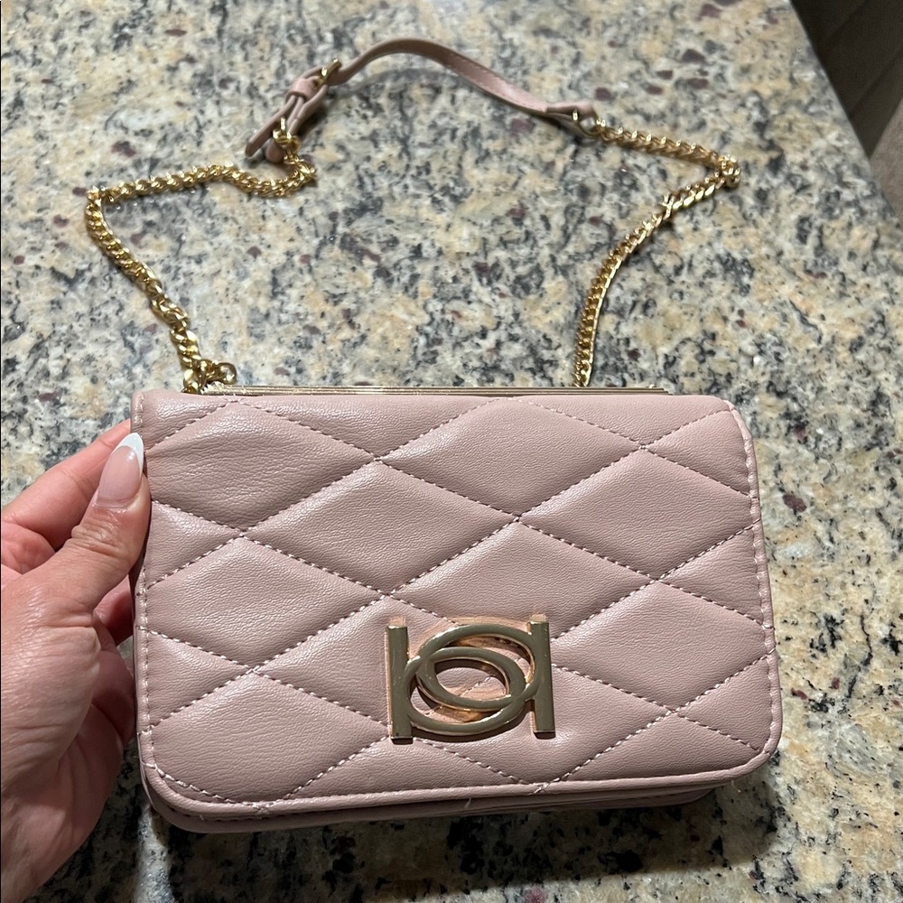 bebe Quilted Crossbody Bag in Blush Pink with Gold Hardware